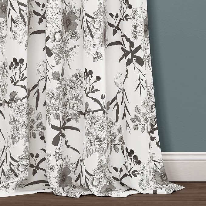 Lush Decor Botanical Garden Curtains Floral Bird Print Light Filtering Window Panel Drapes Set for Living, Dining, Bedroom (Pair), Gray & White, 52"W x 84L"