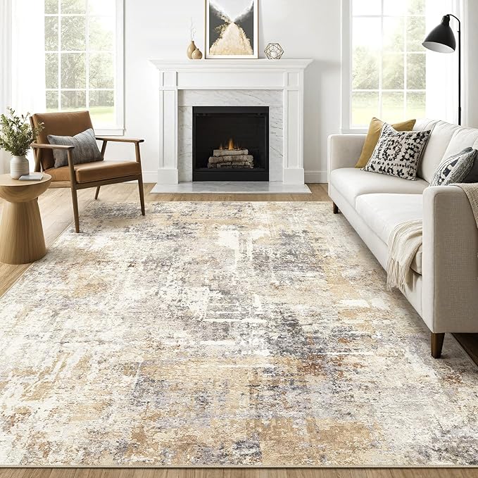 LOONGRUG 7x9 Area Rug Living Room: Machine Washable Large Abstract Soft Rugs Stain Resistant Indoor Floor Non Slip Accent Carpet for Bedroom Nursery Playroom Office Dining Room Dorm Home- Gray Gold