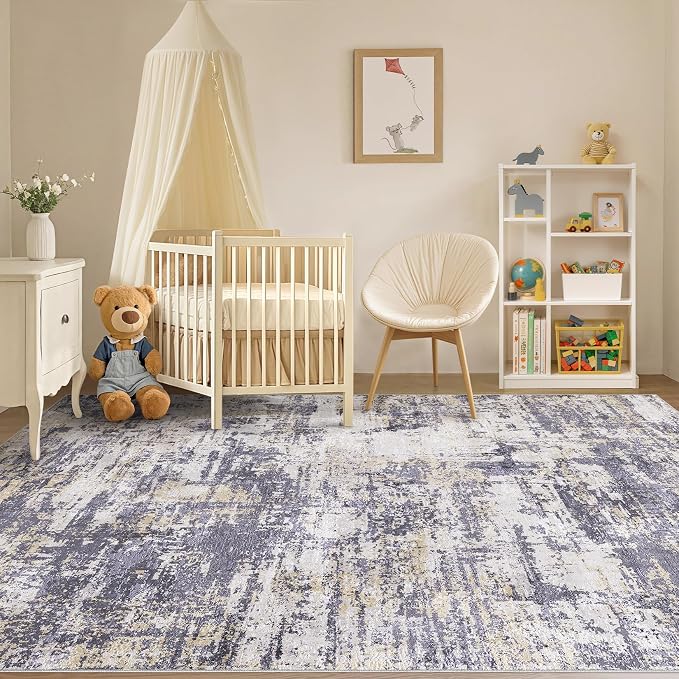 Tortania Area Rug Living Room Rugs - 9x12 Modern Abstract Neutral Large Soft Thin Rugs - Non Slip Indoor Carpet for Bedroom Dining Room Office Nursery Home Floor Decoration - Purple