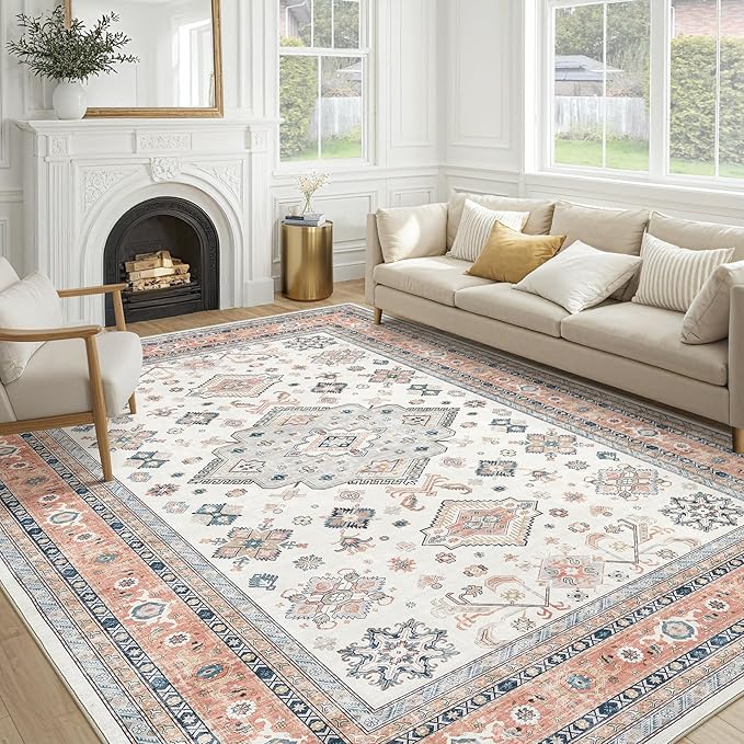 Vintage Living Room Area Rug 8x10 - Large Soft Washable Oriental Traditional Distressed Farmhouse Rugs for Bedroom - Indoor Floor Accent Carpet for Home Office House Decor - Coral Pink