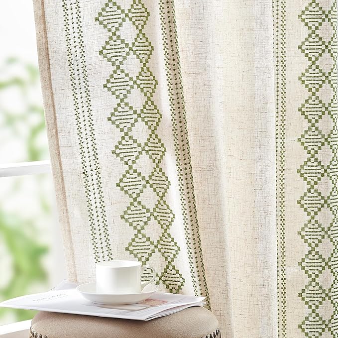 jinchan Boho Curtains Linen Blend Beige Farmhouse Curtains 96 Inches Long for Living Room Sage Green Square Embroidered Bordered Back Tab Bedroom Window Light Filtering Bohemian Drapes 2 Panels