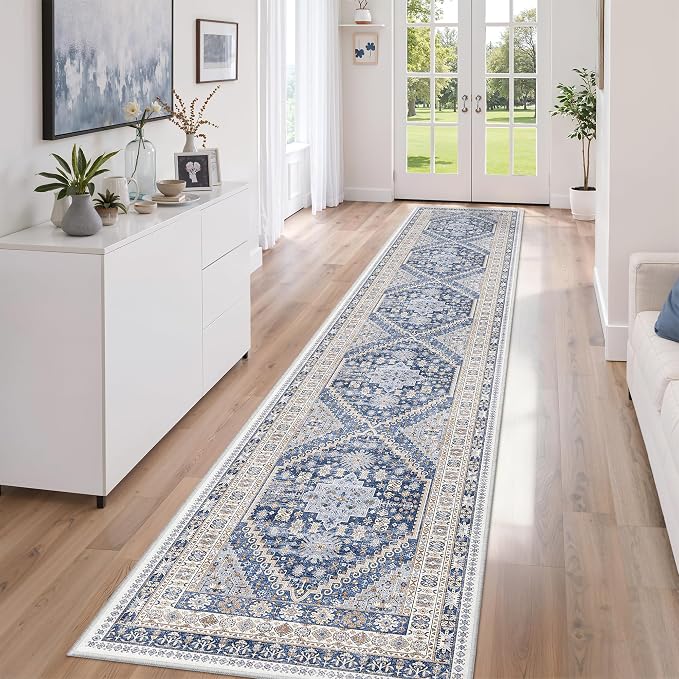 zesthome Long Hallway Runner Rug- Carpet Runners for Hallway 12ft, Anti Slip Backing Washable Rug Runner for Bathroom, Entrance, Living Room, Soft Low Pile Rug Runner(Blue/Beige,2'x12')