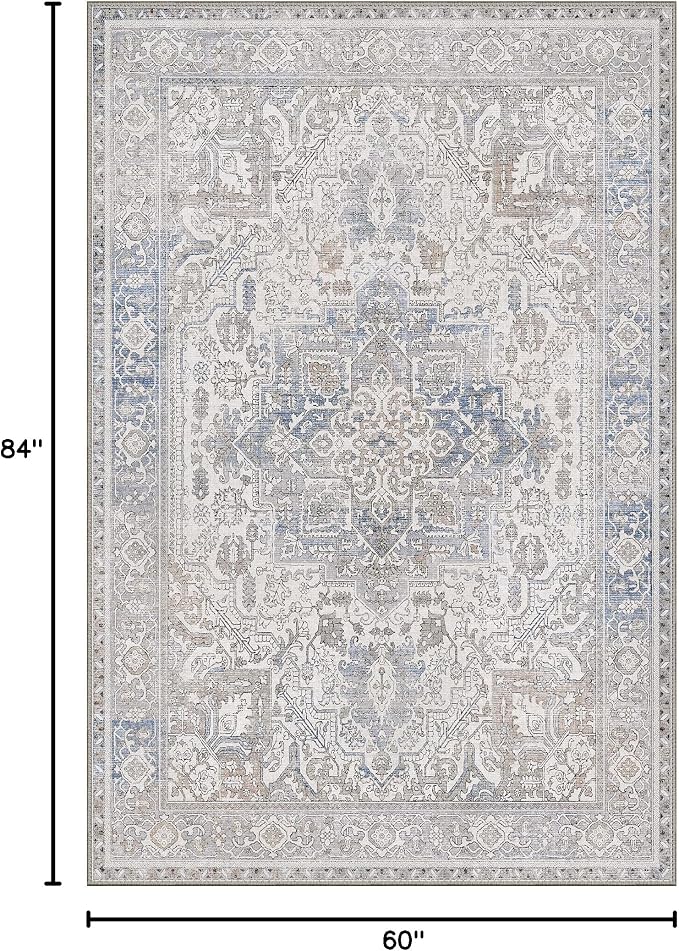 GENIMO 5x7 Area Rugs for Living Room, Machine Washable Rugs, Low Pile Non Slip Rug for Bedroom, Dining Room, Home Office, Khaki Blue