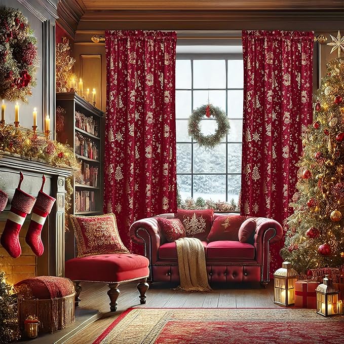 NICETOWN Red Velvet Curtains 96 inches Long for Living Room, Printed Curtains for Living Room with Tree Pattern Thermal Insulated Soft Blackout Drapes for Home Decor, 2 Panels Set, W50 x L96