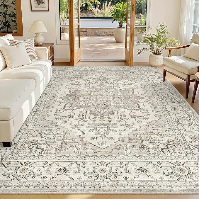 Madane 6x9 Area Rugs for Living Room, Vintage Washable Rug, Beige/Brown | Stain Resistant Floor Carpet With Non-Slip Backing For Bedroom, Dining Bedroom And Office, Soft Low-Pile Home Decor Mat