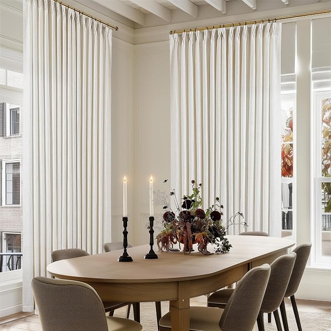 Extra Wide Linen Pinch Pleated Curtains 84 Inches Long 100 Inch Wide Patio Sliding Door Curtains Light Filtering Semi Sheer Pinch Pleat Drapes Cream Ivory Boho 100 x 84 Drapes for Living Dining Room