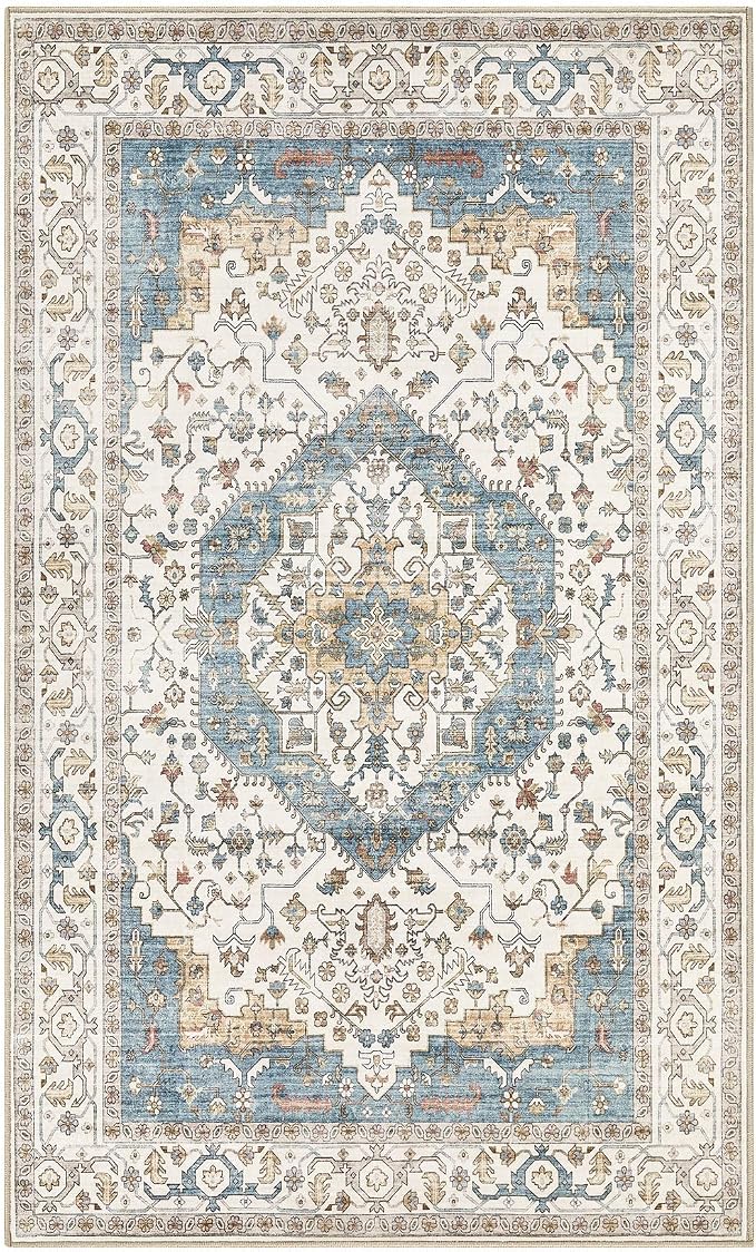 3x5 Washable Entryway Rug: Non-Slip Soft Vintage Floral Indoor Area Rug for Living Room Large Kitchen Entryway Bedroom Bedside, Door Mat Throw Carpet for Laundry Foyer Home Decor (Blue)