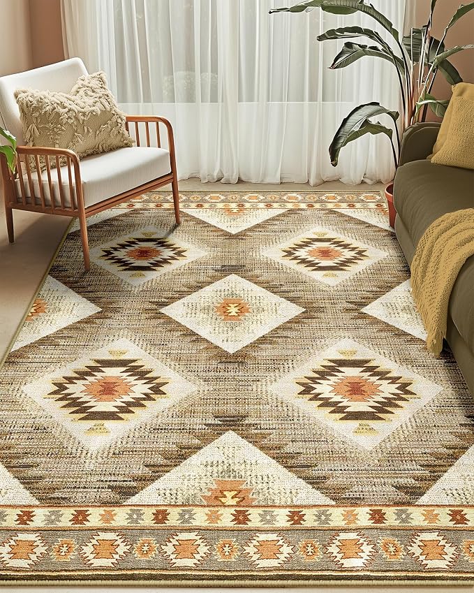 BESTSWEETIE Area Rug 6x8 Rug Machine Washable Non-Slip Low Pile Print Pattern Western Rug for Living Room Bedroom Entryway Tribal Series-Cream/Camel