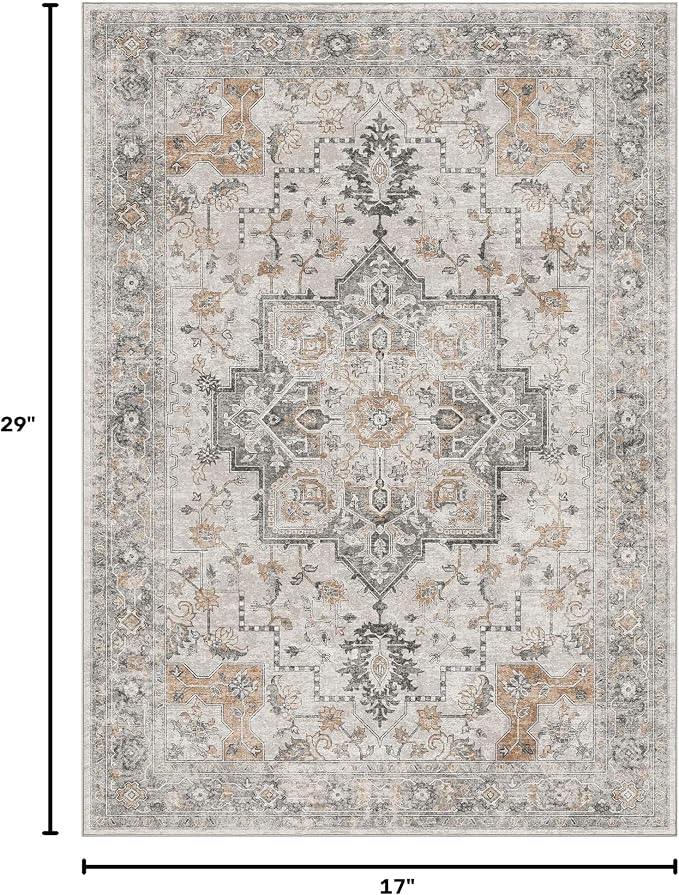 GENIMO 29"x17" Area Rugs for Living Room, Machine Washable Non Slip Vintage Rugs, Low Pile Soft Print Rug for Bedroom, Dining Room, Home Office, Light Taupe Brown