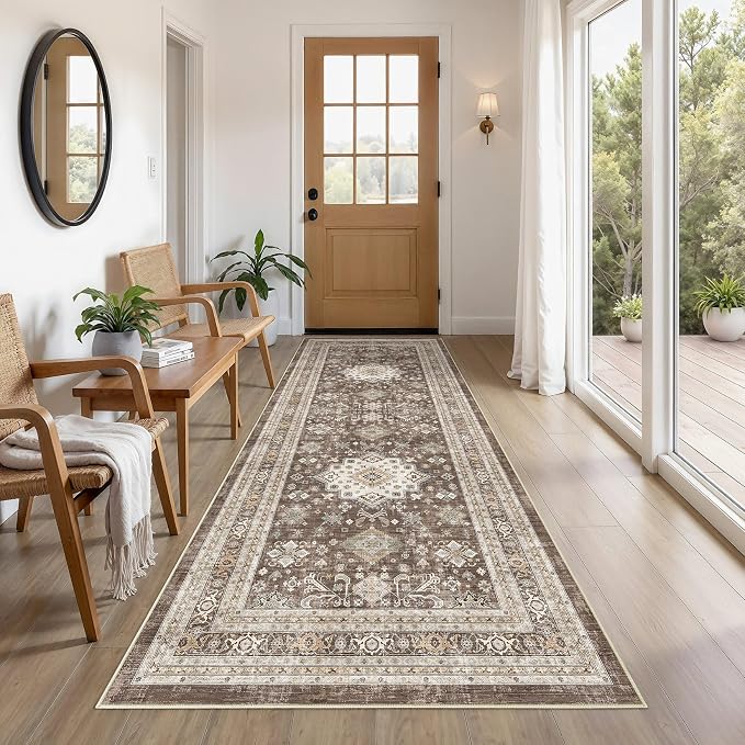 Vintage Hallway Runner Rug 3x8: Large Soft Washable Entryway for Kitchen Laundry Room Non-Slip Backing Runner for Entrance Living Room Bedroom Bathroom - Dark Brown