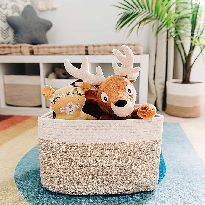 OrganiHaus Cotton Rope Basket for Shelf - Woven Storage Basket for Organizing, Closet & Toy Storage - Light Honey/Off-White - 15x9x10