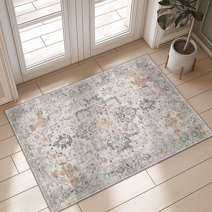 GENIMO Area Rug 20x32 inch Doormat, Machine Washable Low Pile Rugs, Small Retro Entryway Mat for Entrance, Hallway, Kitchen and Corridor, Light Taupe Brown