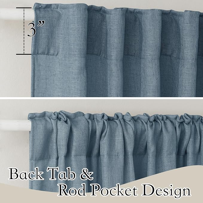 RYB HOME Linen Sheer Window Curtains - Half Privacy Light Filtering Rod Pocket Airy Drapes Small Window Treatment for Bedroom Bathroom Office, Stone Blue, 52 inch Wide x 63 inch Long, 2 Panels
