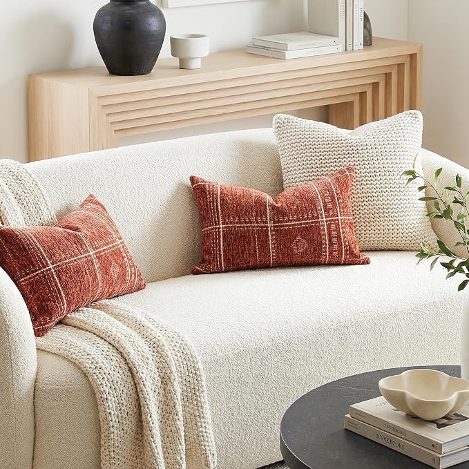 BlissBlush Decorative Lumbar Pillow Covers 12x20 Set of 2, Terracotta Rust Red Boho Textured Chenille Accent Rectangular Throw Pillow Covers for Couch Sofa Living Room Home Décor (Cover Only)