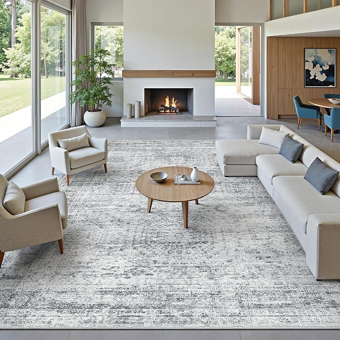 Soalmost 12x15 Washable Area Rug Gray Neutral Abstract Living Room Large Carpet Non Slip Bedroom Indoor Office Dining Room Low Pile Thin Grey Rug