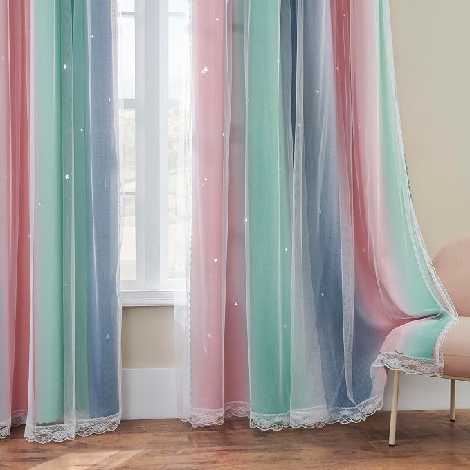 XiDi Pink Green Grey Kids Room Curtains, 34"W x 72"L, Blackout, Modern, Striped, 1 Panel