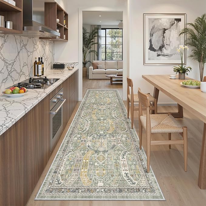 Madane Kitchen Runner 2'6''x8' Soft Rug Runners for Hallways, Green/Gold | Vintage Machine Washable Printed Rugs 2.5x8 Ft, Non-Slip Low Pile Stain-Resistant 8ft Floor Carpet for Laundry Room, Corridor