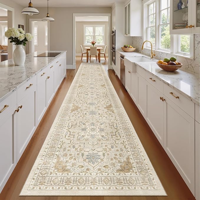 Madane Hallway Runner Rug 2'6''x14' Kitchen Runners Vintage, Beige/Blue | Long Non-Slip Washable Rugs 14ft for Entryway Laundry and Bedroom, Soft Low Pile Stain-Resistant 2.5x14 Ft Floor Carpet