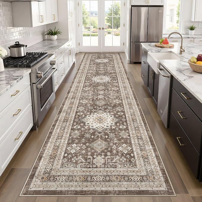 Vintage Hallway Runner Rug 3x12: Large Soft Washable Entryway for Kitchen Laundry Room Non-Slip Backing Runner for Entrance Living Room Bedroom Bathroom - Dark Brown
