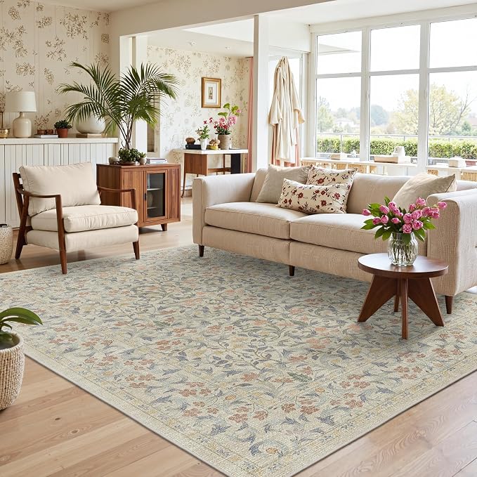 GENIMO 5x7 Washable Area Rugs for Living Room, Non Slip, Beige Blue | Vintage Boho Floral Low Pile Thin Carpet for Bedroom, Dining Room, Nursery, Indoor Decor