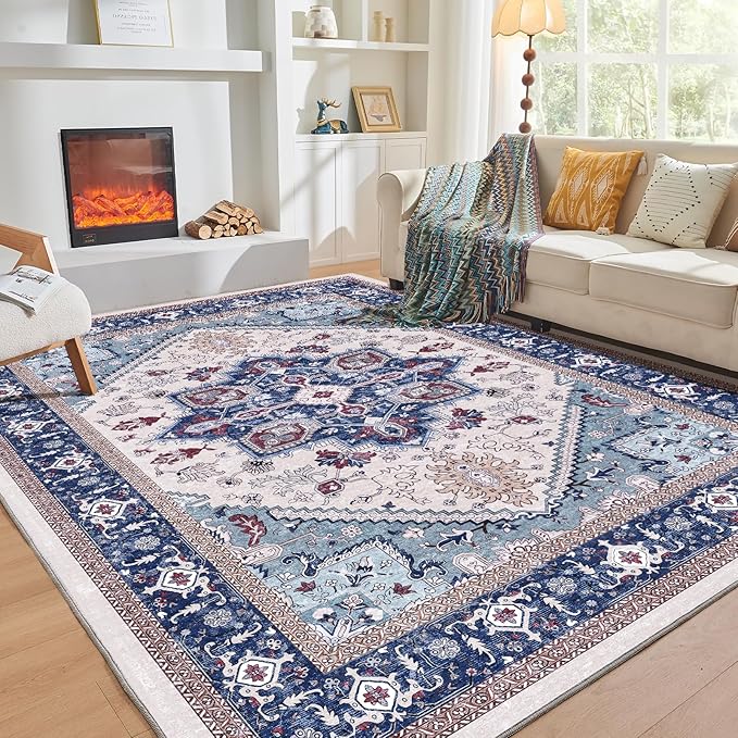 OPPODREAM Soft Area Rugs 5x7, 5x7 Washable Rug with Non Slip Backing, 5 x 7 Faux Cashmere Low-Pile Carpet, Navy Blue & Red & Cream