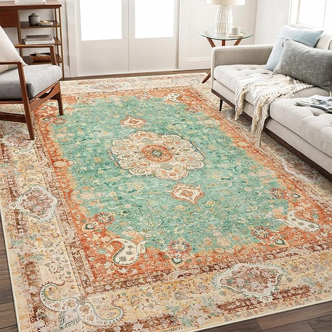 8x10 Area Rugs Washable,Boho Rug for Living Room Bedroom Dining Room,Large Vintage Bohemian Distressed Farmhouse Carpet Non Slip,Retro Orange Green Floral