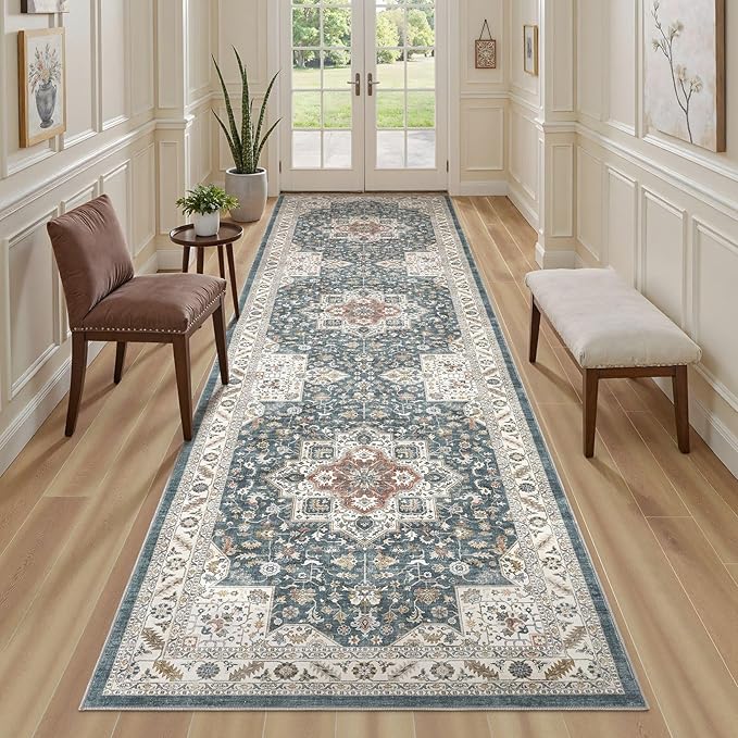 Vintage Hallway Runner Rug 3x12: Large Soft Washable Entryway for Kitchen Laundry Room Non-Slip Backing Runner for Entrance Living Room Bedroom Bathroom - Vintage Blue