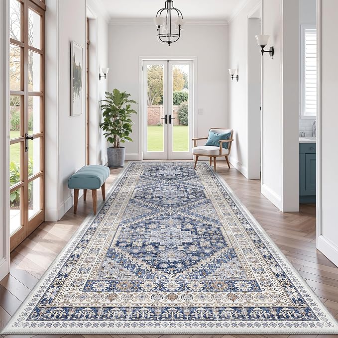zesthome 4x12 Runner Rug for Hallway, Low-Pile Wide Runner for Entryway, Long Washable Non-Slip Kitchen Rug, Soft Modern Home Decor Mat for Living, Laundry Room(Blue/Beige,4'x12')
