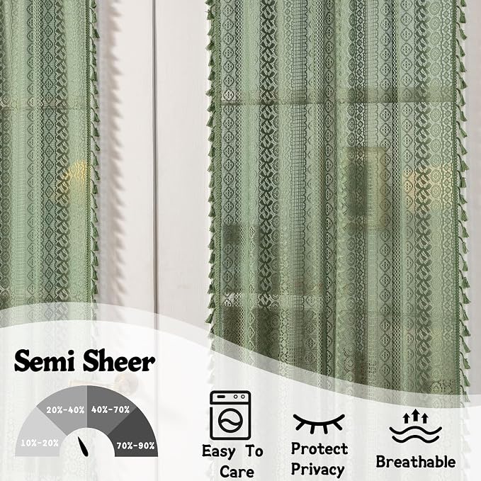 Sutuo Home Olive Green French Door Curtains for Front Glass Door & Sidelights, Semi Sheer Farmhouse Bohemian Rustic Tassels Vintage Privacy Christmas Festival Decor, Rod Pocket 2 Panels 25" W x 72" L