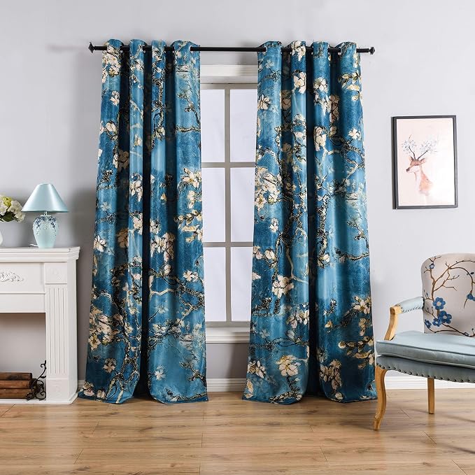 Taisier Home Chinese Style Plum Blossom Curtain Blue Artistic Print Curtains 95 Inches Long for Living Room,Personalized Pattern Curtains Bedroom Window Treatment Curtains 2 Panels Set