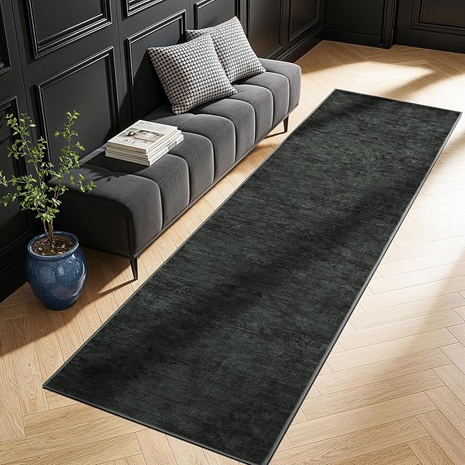 2.7x8 Washable Area Rug, Black Solid Area Rugs for Living Room & Bedroom | Stain-resistant & Non-slip backing,Low Pile Washable Large Carpet, Solid Vintage Style For High Traffic Areas(2.7x8,Black)