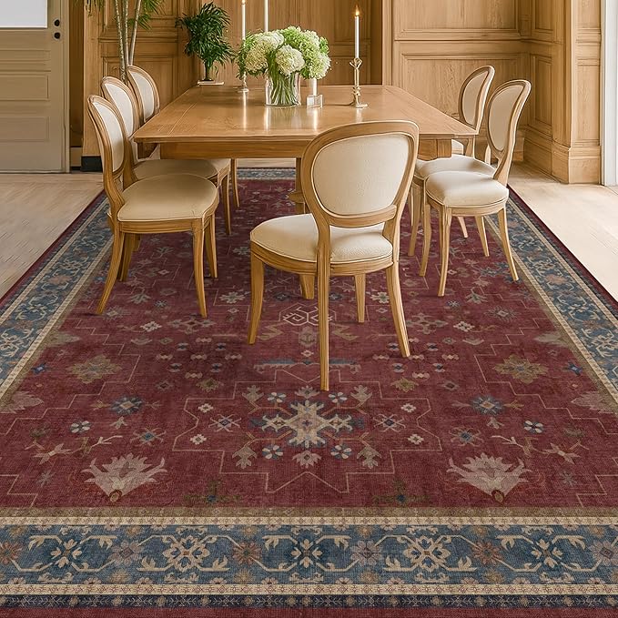 Hazo Haus Oriental 8x10 Large Area Rugs for Living Room - Burgundy Rug for Bedroom Under Bed, Dining Room Under Kitchen Table, Washable Soft Non Slip Unique Indoor Décor