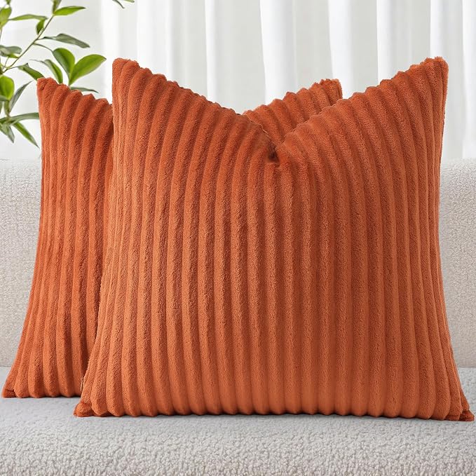 Simmore Decorative Fall Throw Pillow Covers 26x26 Set of 2, Soft Natural Plush Flannel Double-Sided Fluffy Couch Euro Sham Pillow Covers for Sofa Living Room, Rust