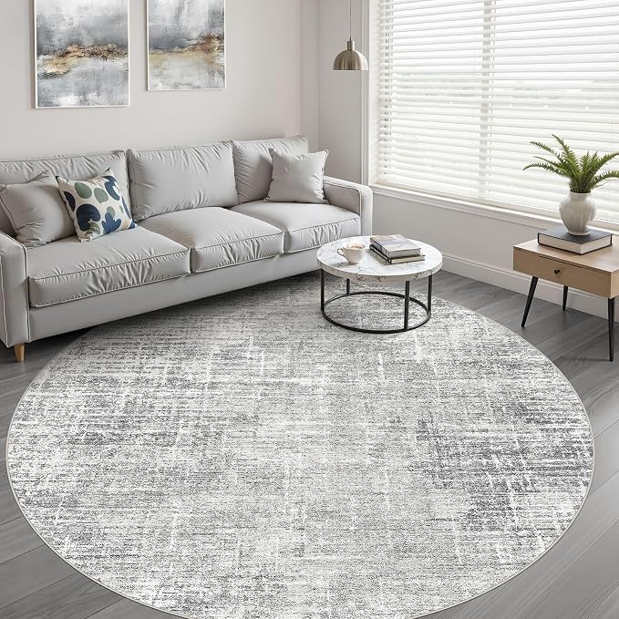 10ft Round Rug Living Room: 10x10 Washable Large Neutral Grey Circle Area Rug Abstract Soft Modern Stain Resistant Indoor Floor Non-Slip Carpet for Bedroom Nursery Kids Office Playroom Dining Room