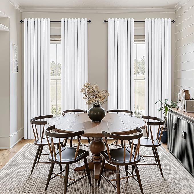 Jowels White Linen Blackout Curtains 58 Length 2 Panels Set for Living Room Bedroom, 100% Black Out Thermal Insulated Linen Drapes, Room Darkening Grommet Curtains 58 Inches Long