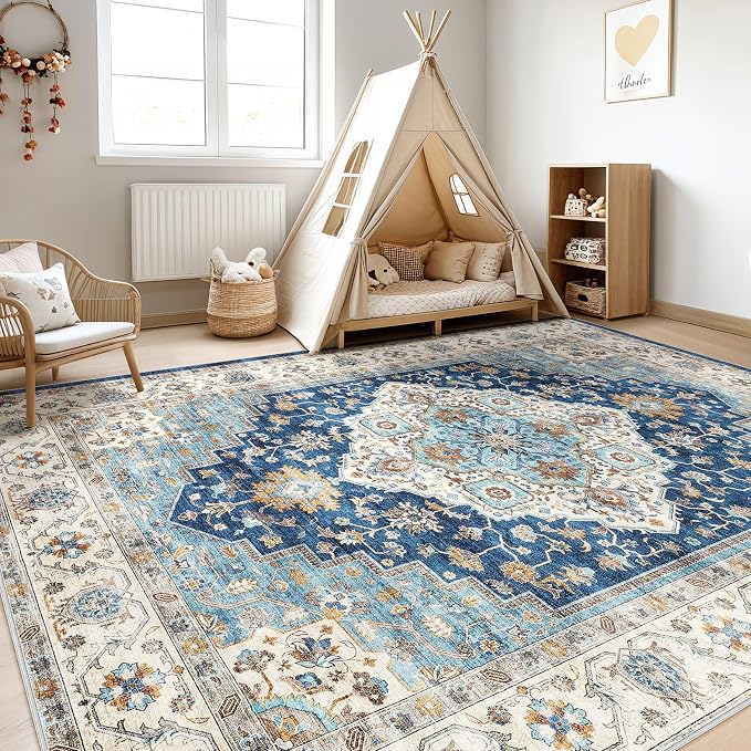 7x10 Area Rug Living Room: Washable Boho Large Neutral Vintage Soft Rugs Stain Resistant Farmhouse Non-Slip Indoor Floor Retro Carpet for Bedroom Nursery Kids Office Dining Room- Navy Beige