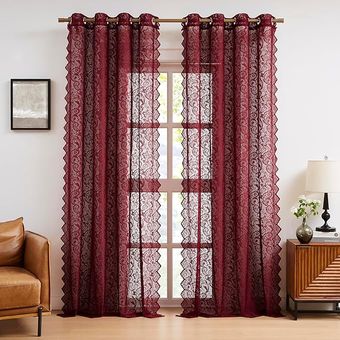 Bujasso Burgundy Lace Sheer Curtains for Small Window Bedroom Victorian Floral Embroidered Red Drapes with Scalloped Edge, Light Filtering & Privacy, Rod Pocket 2 Panels 52Wx54L Inches