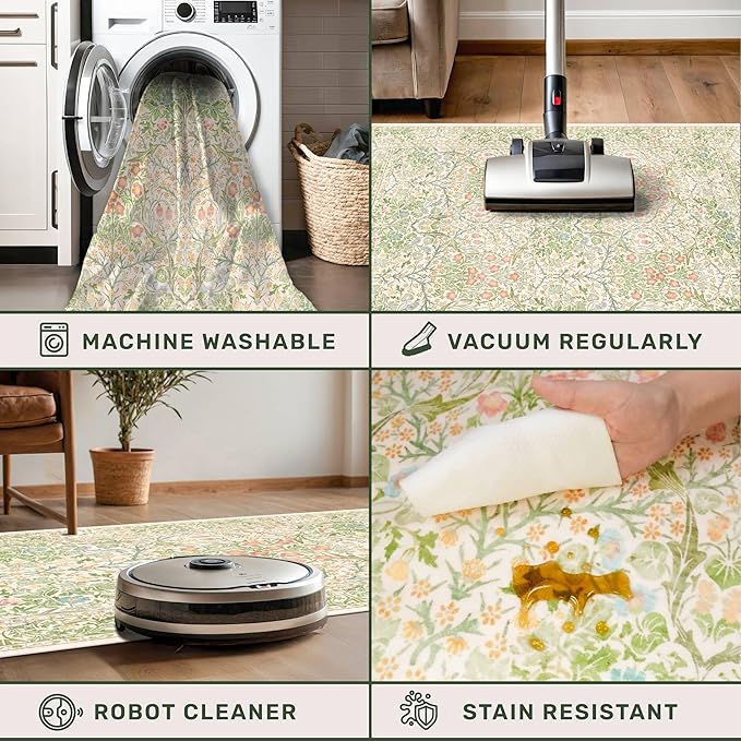Hazo Haus Non Slip Beige Green Bathroom Runner Rug - Long Runner Rugs 24 x 72 Washable Kitchen Floor Mat, Laundry Room Rug, Hallway Runner - Vintage Floral Design Décor (2x6 Beige Green)