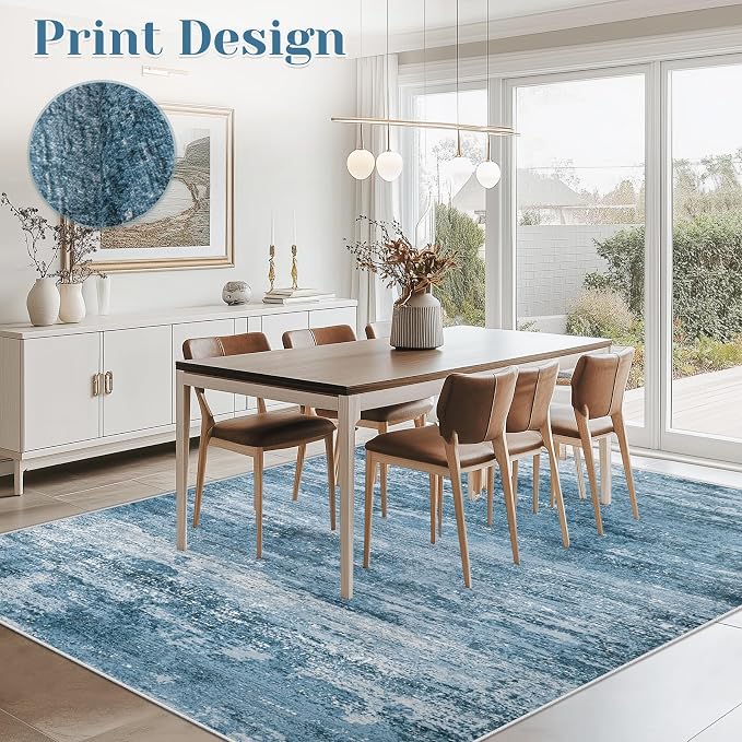 Washable Rug 5x7 Area Rugs for Living Room: Neutral Soft Rug Abstract Non Slip Low Pile Modern Carpet for Bedroom Kitchen Nursery Office Dining Room Indoor (Darkblue, 5'x7')