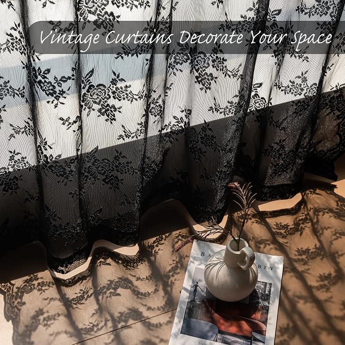 MEETSKY Black Lace Curtains 54 Inch Length Short Victorian Sheer Spooky Halloween Holiday Party Decor Rod Pocket Window Treatments for Small Windows, 50" Wide Each Panel, Black, 2 Pieces