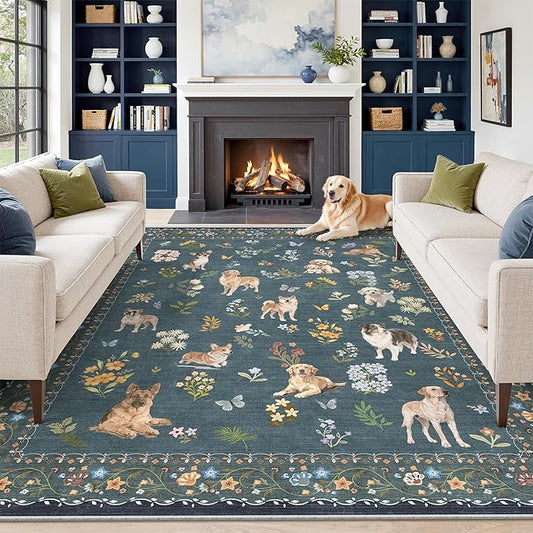 Soalmost Dog 8x10 Area Rugs for Living Room, Machine Washable Animal Floral Vintage Rug Non-Slip Low Pile Soft Throw Large Rugs for Classroom Bedroom Dining Room Nursery Playroom (8 x 10,Navy Blue)