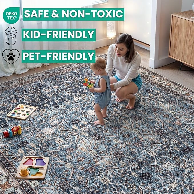 Bloom Rugs Washable Non-Slip 2' x 3' Rug - Blue/Beige Traditional Oriental Area Rug for Living Room, Bedroom, Dining Room, and Kitchen - Exact Size: 2' x 3'