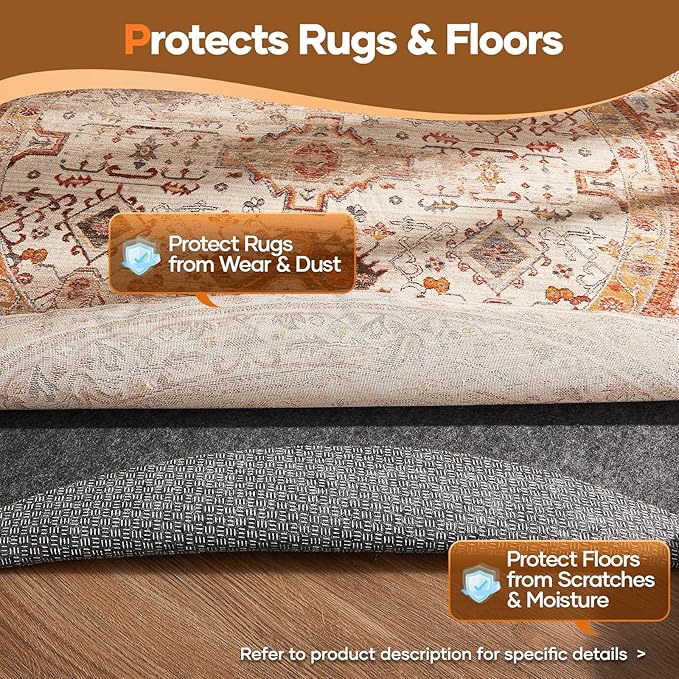 Veken 8 Ft Round Non Slip Cushioned Rug Pad Gripper, Felt and Silicone Backing, 1/4 inch Thick Carpet Liner for Hardwood Floors and Finishes, Under Area Rugs Anti Skid Mat, Keep Rugs Safe and in Place