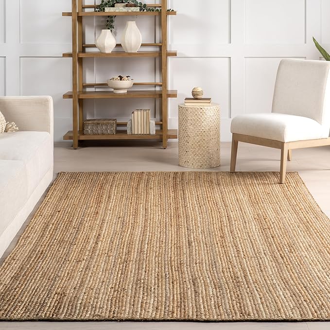 nuLOOM 7 Round Rigo Jute Hand Woven Area Rug, Natural, Solid Farmhouse Design, Natural Fiber, For Bedroom, Living Room, Dining Room, Hallway, Office, Kitchen, Entryway