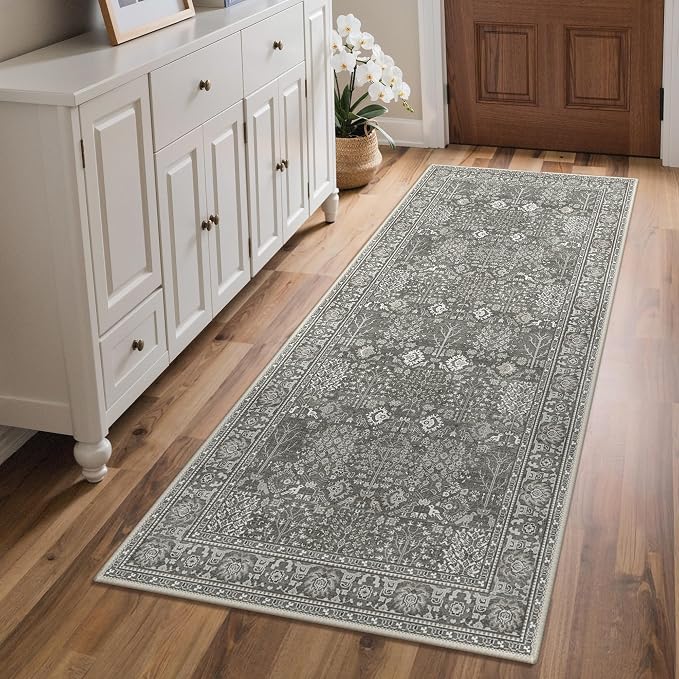 Bavni Washable Rugs 6x9 Machine Washable Rug Lightweight Low Pile, Vintage Floral Rug Non-Shedding Distressed Throw Carpet for Living Room Bedroom Office, Grey