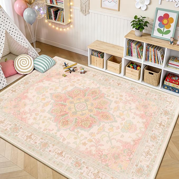 CAPALOCA Machine Washable Rugs Nursery Rug 6x9 Cute Girl Non Slip Low Pile Water Repellent Soft Print Pattern for Bedroom Indoor Decor Kids Playroom Pink Green