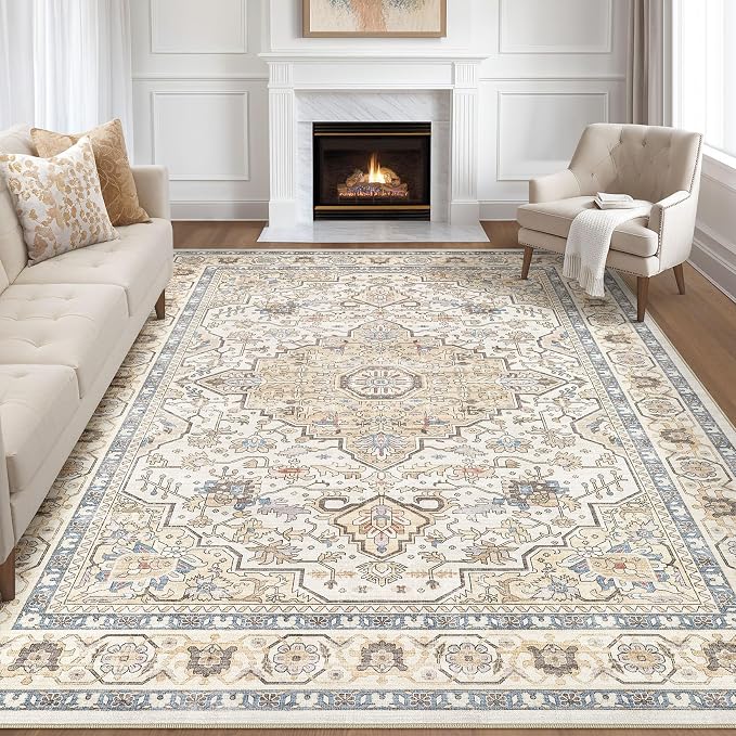 7x9 Area Rug Living Room: Washable Boho Large Neutral Vintage Soft Rug Stain Resistant Farmhouse Non-Slip Indoor Floor Carpet for Bedroom Nursery Kids Playroom Office Dining Room- Sand Blue