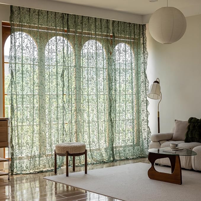 TUDECO Dark Green Curtains 96 Inch Long - Antique Embroidered Lace Sheer Curtains for Living Room, Farmhouse Summer Floral Forest Ruffle Rod Pocket 2 Panels, 8 FT 59W x 96L, Olive Green