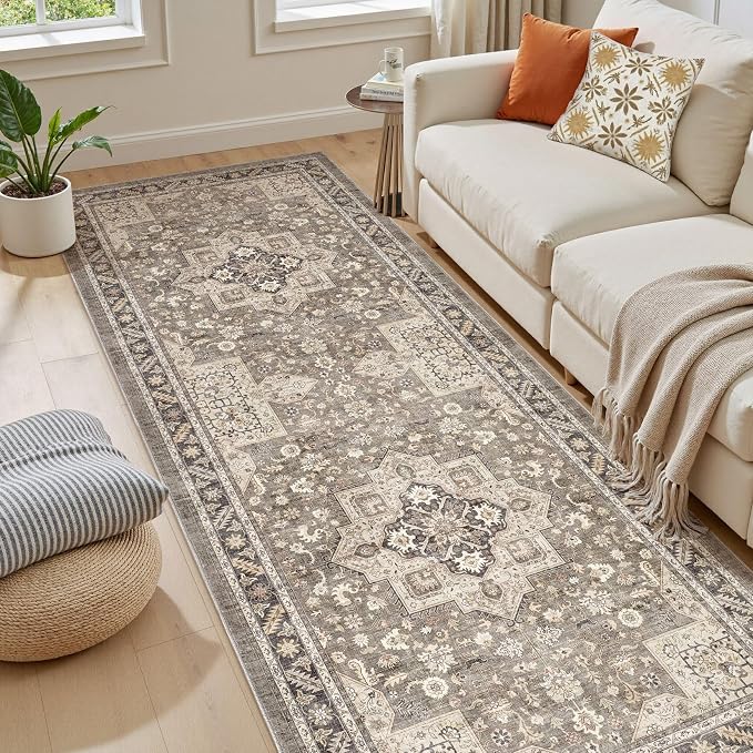 Vintage Hallway Runner Rug 3x12: Large Soft Washable Entryway for Kitchen Laundry Room Non-Slip Backing Runner for Entrance Living Room Bedroom Bathroom - Brown