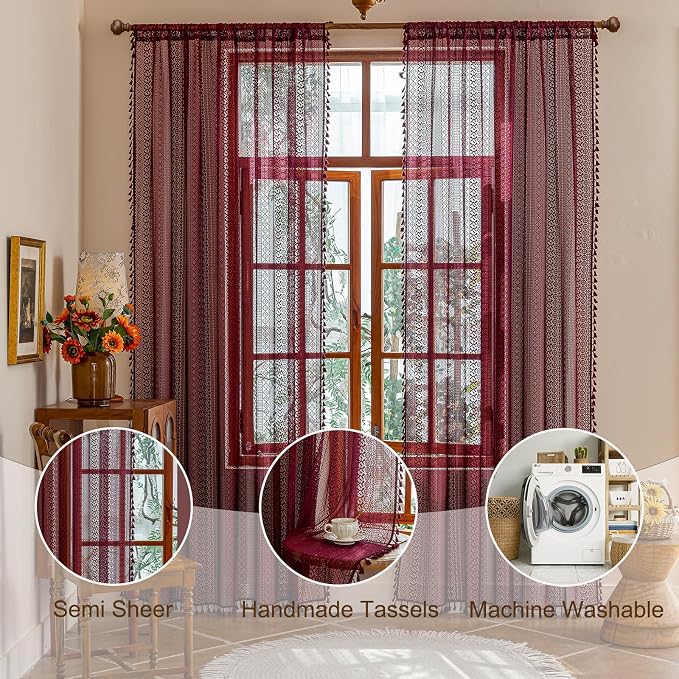 Sutuo Home Burgundy Boho Lace Curtains 96 inches long for Living Room Laundry Room, Semi Sheer Curtains Farmhouse Privacy Crochet Vintage Chic Tassels Rustic Rod Pocket Christmas Decor, 2 Panels 50" W